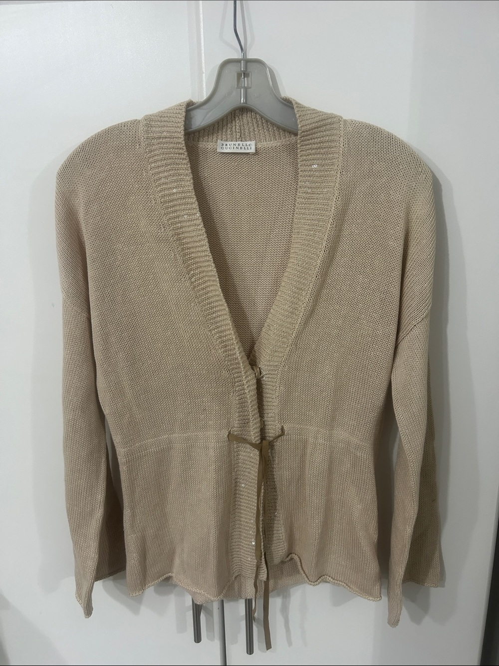 Brunello Cucinelli Neutral cream Tie-Front linen Cardigan. Small